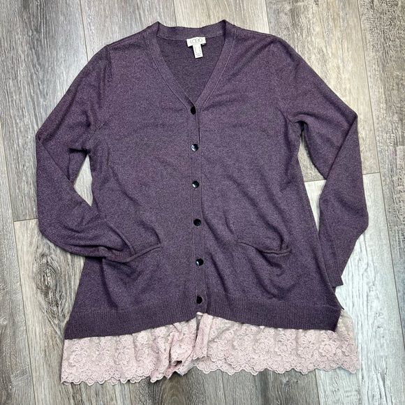 LOGO by Lori Goldstein Sweaters - LOGO Lori Goldstein Button Front Lace Trim Hi-Low Knit
Cardigan Sweater